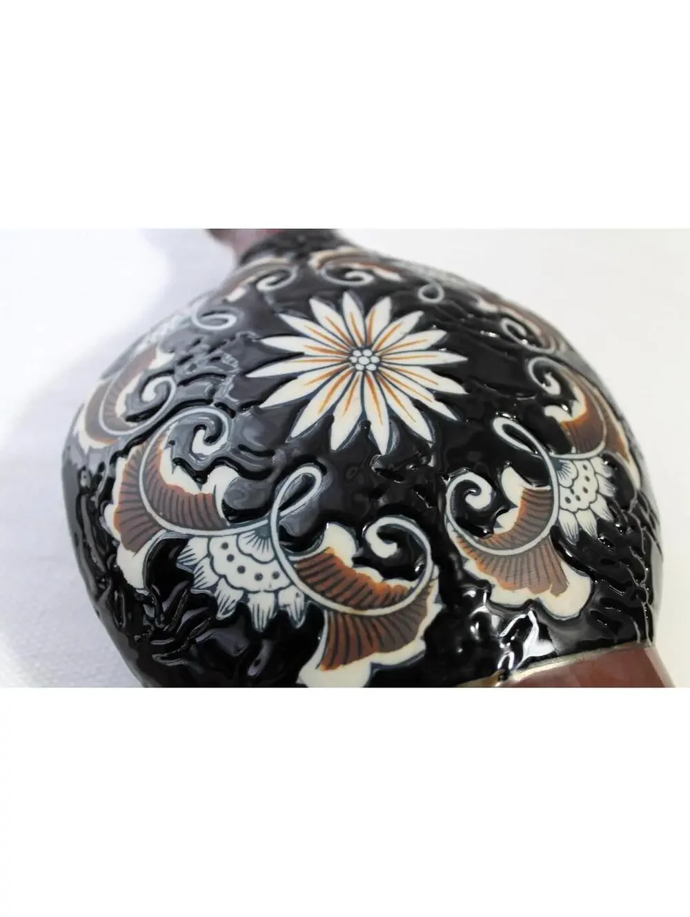 Enameled Moriage Black and Brown Art Vase